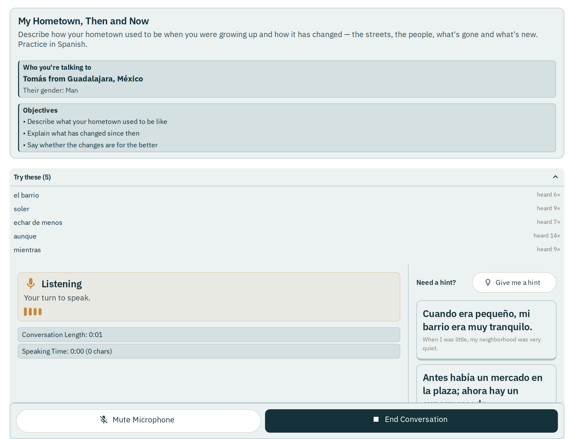 A live Talio conversation: the scenario and objectives, words to try, and hints on request
